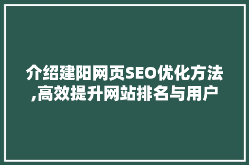 介绍建阳网页SEO优化方法,高效提升网站排名与用户体验