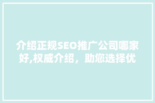 介绍正规SEO推广公司哪家好,权威介绍，助您选择优质合作伙伴