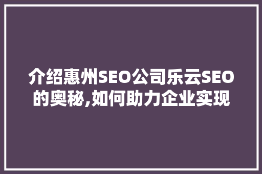 介绍惠州SEO公司乐云SEO的奥秘,如何助力企业实现网络营销新突破