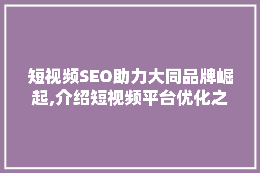 短视频SEO助力大同品牌崛起,介绍短视频平台优化之路  第1张