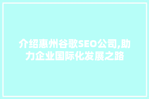 介绍惠州谷歌SEO公司,助力企业国际化发展之路