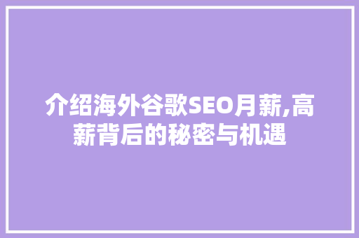 介绍海外谷歌SEO月薪,高薪背后的秘密与机遇