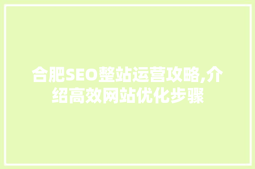 合肥SEO整站运营攻略,介绍高效网站优化步骤