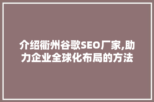 介绍衢州谷歌SEO厂家,助力企业全球化布局的方法