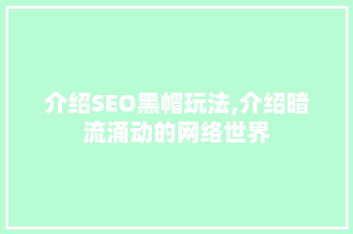 介绍SEO黑帽玩法,介绍暗流涌动的网络世界
