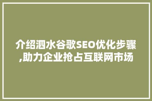 介绍泗水谷歌SEO优化步骤,助力企业抢占互联网市场制高点  第1张