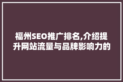 福州SEO推广排名,介绍提升网站流量与品牌影响力的方法