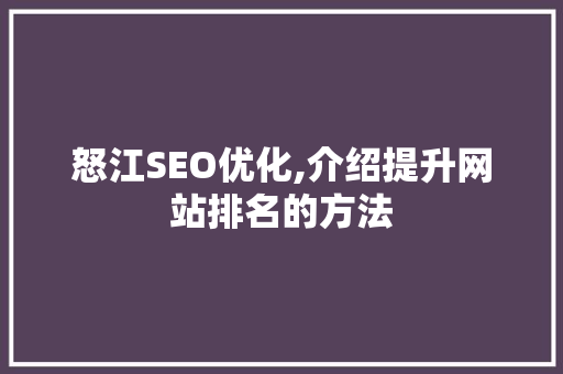 怒江SEO优化,介绍提升网站排名的方法