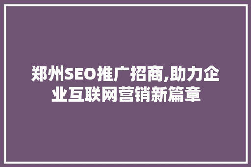 郑州SEO推广招商,助力企业互联网营销新篇章