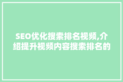SEO优化搜索排名视频,介绍提升视频内容搜索排名的步骤