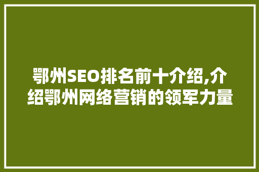 鄂州SEO排名前十介绍,介绍鄂州网络营销的领军力量