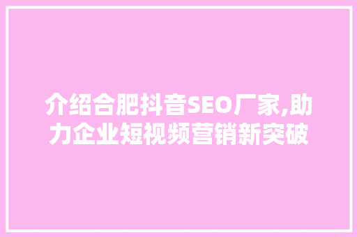 介绍合肥抖音SEO厂家,助力企业短视频营销新突破