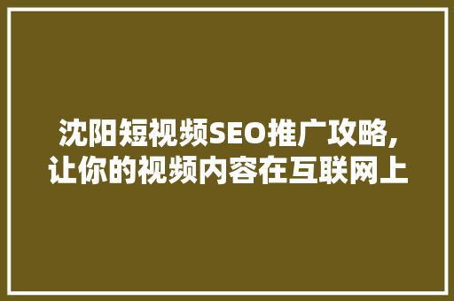 沈阳短视频SEO推广攻略,让你的视频内容在互联网上脱颖而出