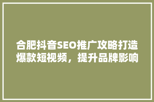 合肥抖音SEO推广攻略打造爆款短视频，提升品牌影响力