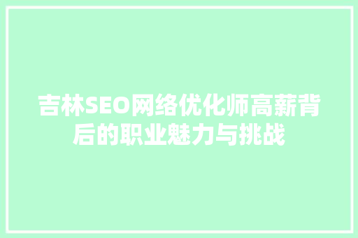 吉林SEO网络优化师高薪背后的职业魅力与挑战