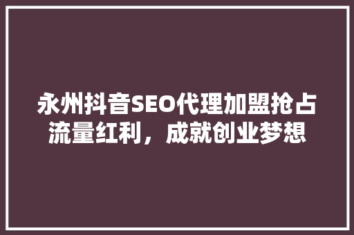 永州抖音SEO代理加盟抢占流量红利，成就创业梦想
