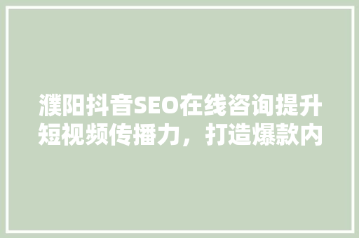 濮阳抖音SEO在线咨询提升短视频传播力，打造爆款内容