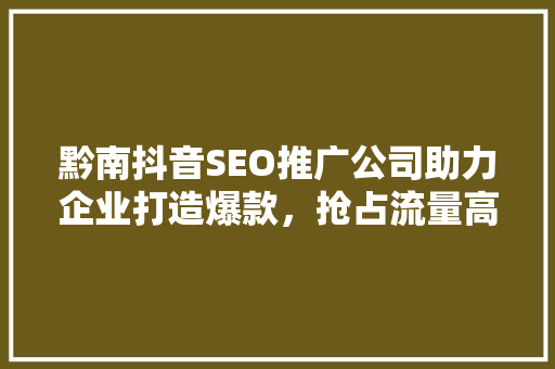 黔南抖音SEO推广公司助力企业打造爆款，抢占流量高地