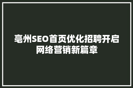 亳州SEO首页优化招聘开启网络营销新篇章