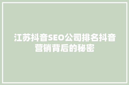 江苏抖音SEO公司排名抖音营销背后的秘密