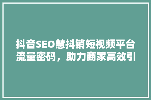 抖音SEO慧抖销短视频平台流量密码，助力商家高效引流