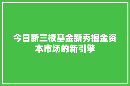 今日新三板基金新秀掘金资本市场的新引擎