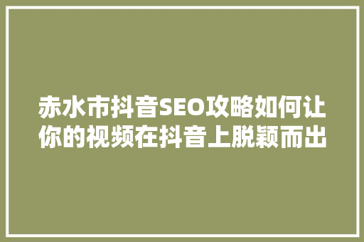 赤水市抖音SEO攻略如何让你的视频在抖音上脱颖而出