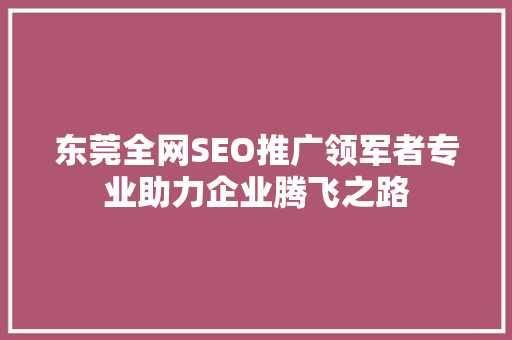 东莞全网SEO推广领军者专业助力企业腾飞之路
