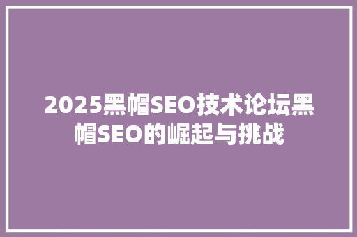 2025黑帽SEO技术论坛黑帽SEO的崛起与挑战