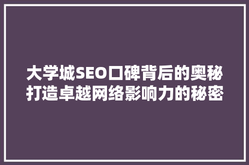 大学城SEO口碑背后的奥秘打造卓越网络影响力的秘密武器