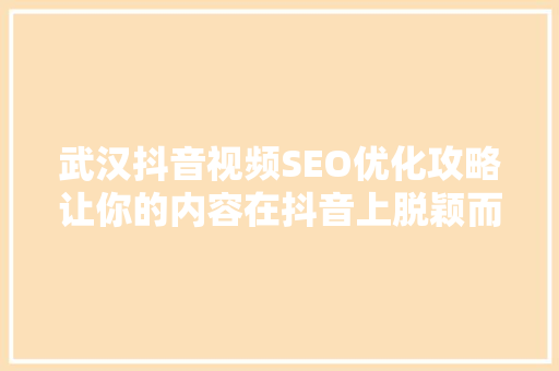 武汉抖音视频SEO优化攻略让你的内容在抖音上脱颖而出