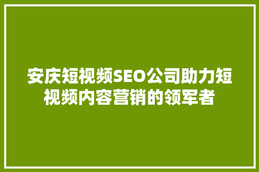 安庆短视频SEO公司助力短视频内容营销的领军者