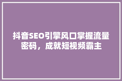 抖音SEO引擎风口掌握流量密码，成就短视频霸主