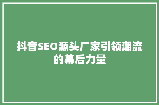 抖音SEO源头厂家引领潮流的幕后力量