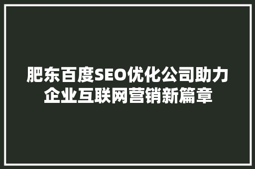 肥东百度SEO优化公司助力企业互联网营销新篇章