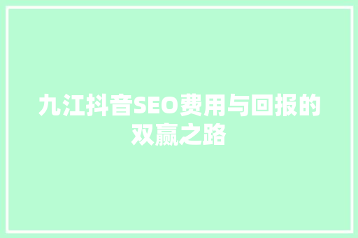 九江抖音SEO费用与回报的双赢之路