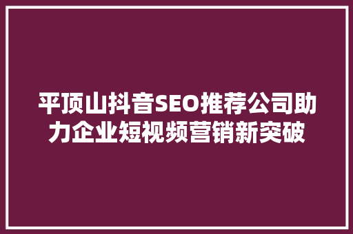 平顶山抖音SEO推荐公司助力企业短视频营销新突破