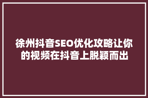 徐州抖音SEO优化攻略让你的视频在抖音上脱颖而出