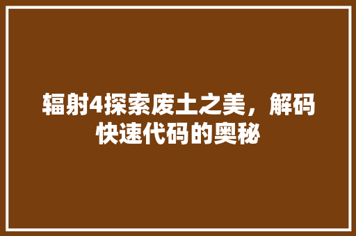 辐射4探索废土之美，解码快速代码的奥秘