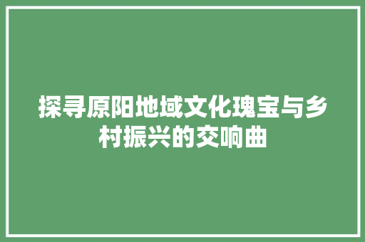 探寻原阳地域文化瑰宝与乡村振兴的交响曲