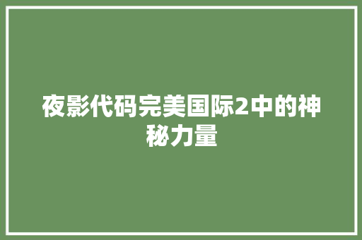 夜影代码完美国际2中的神秘力量
